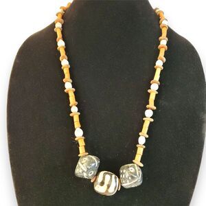 Vintage Job's Tears Seed Necklace Batik Bone Coconut Shell Boho Tribal 26"